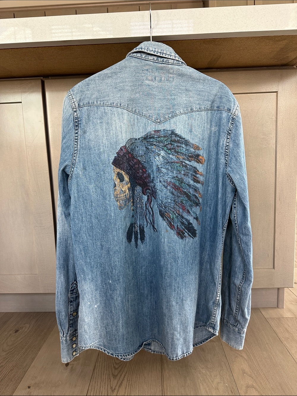 Ralph Lauren Denim Western Shirt with Embroidered Indian Chief Headdress Skull